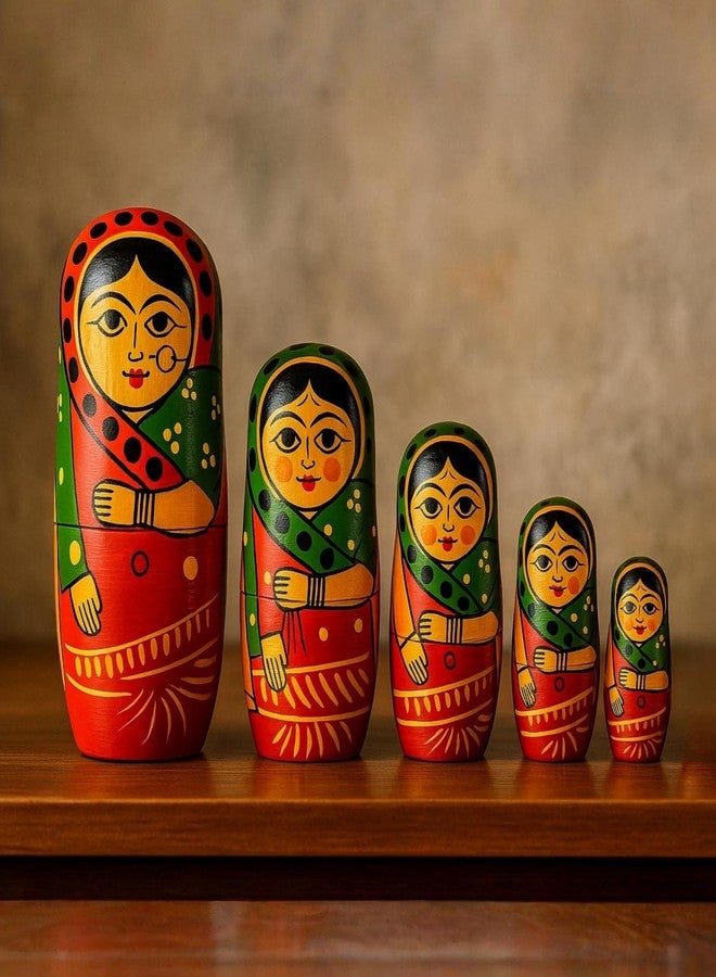 Vemlons Wooden Handmade Baby Toy Painted Dadi Ma Doll Stacking/Wooden Nesting Doll/Stacking Doll, Set of 5piece Doll Set - Image 5